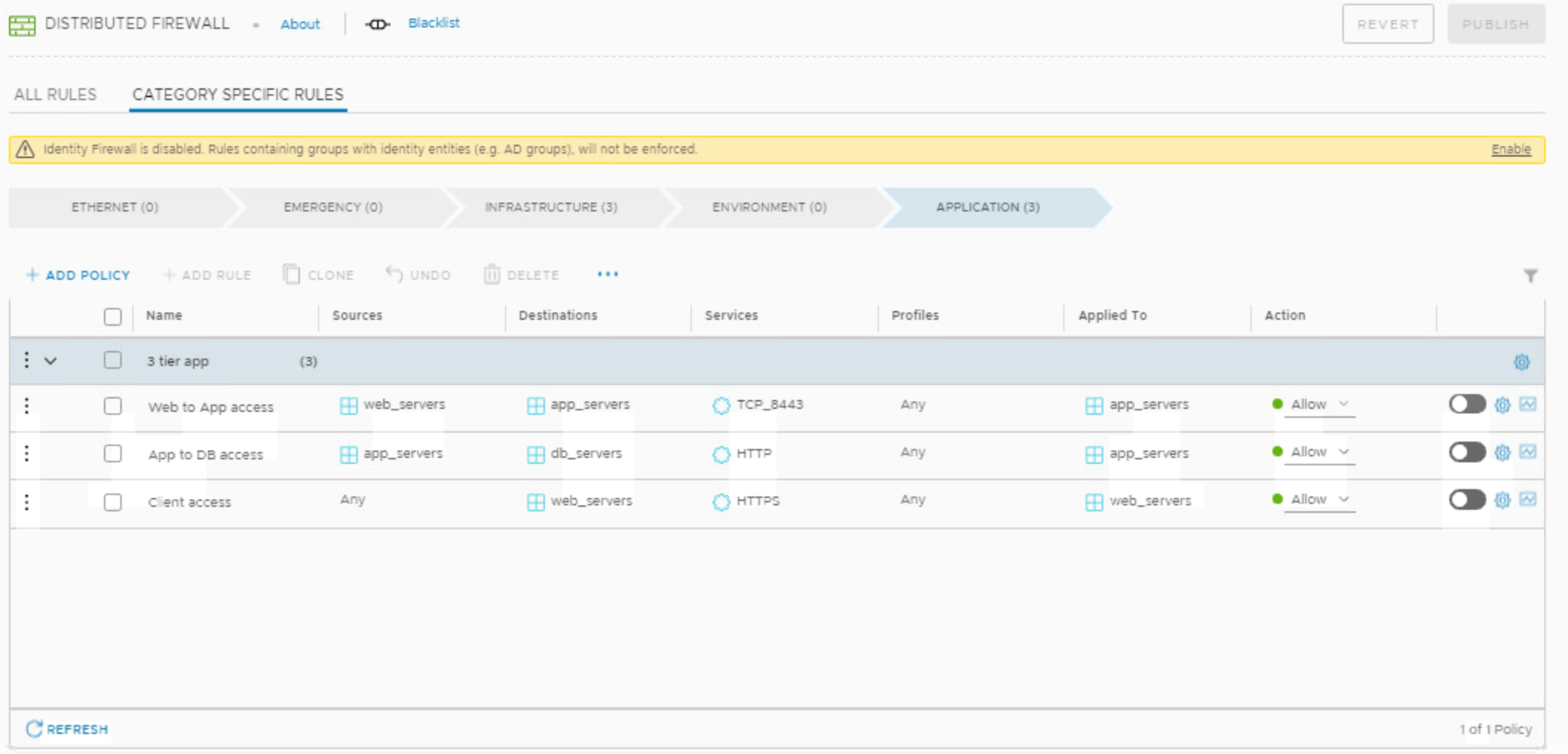 NSX DFW Category Specific Rules 畫面，顯示 Ethernet/Emergency/Infrastructure/Environment/Application 五個分頁
