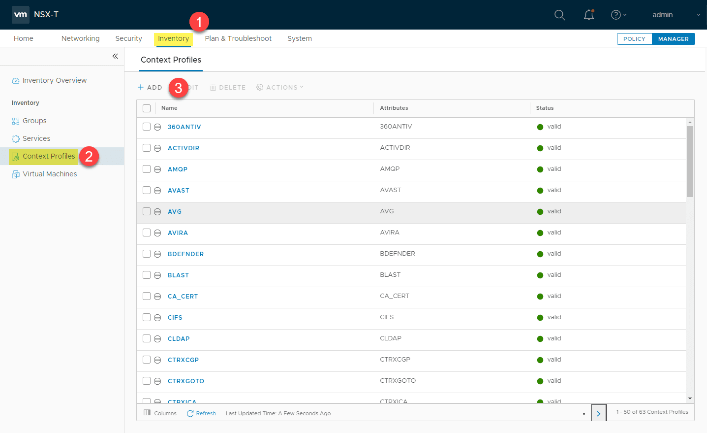 NSX Context Profiles 清單，列出 60 多種 App-ID